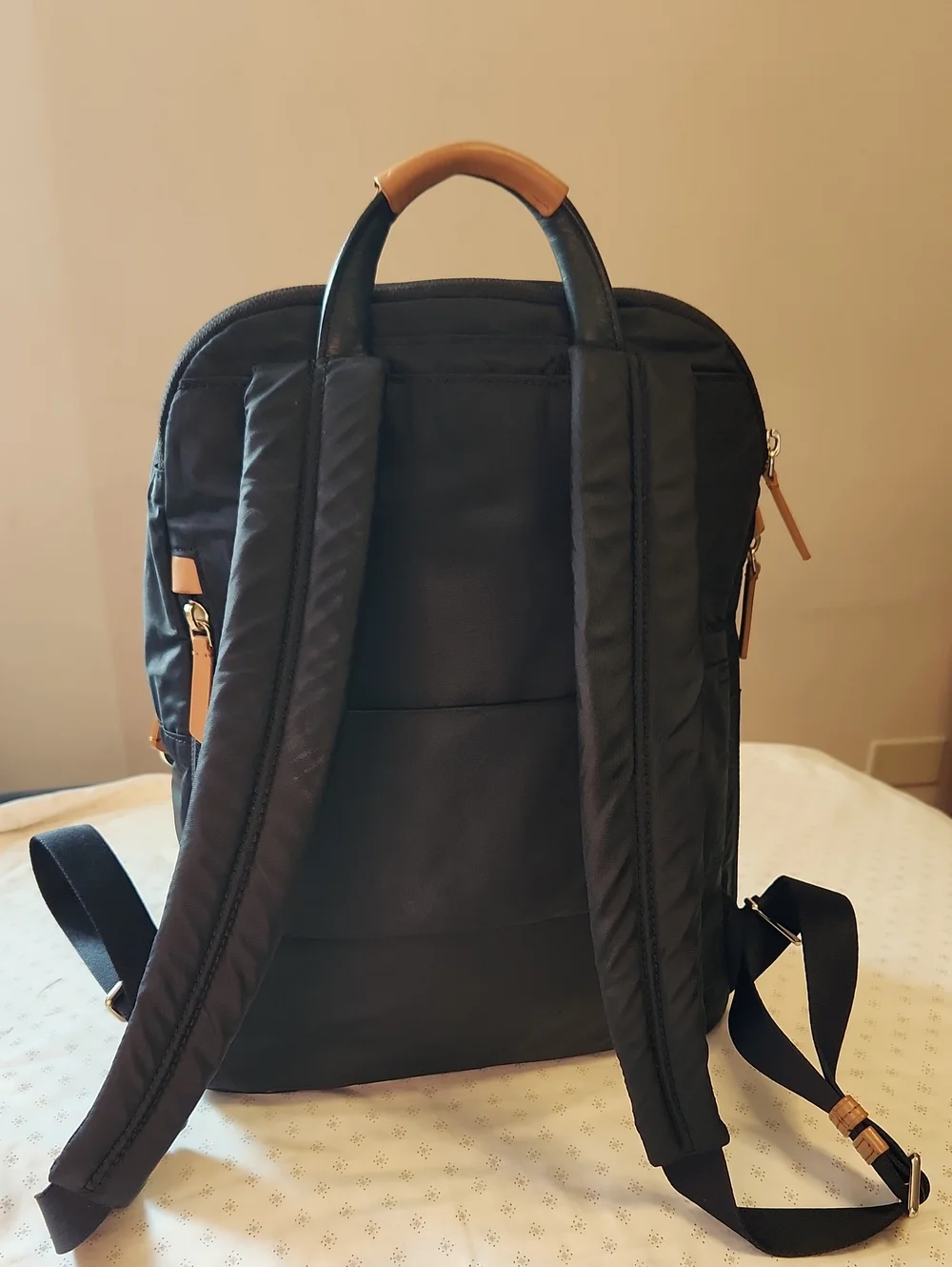 Tumi Voyager Harper Black Backpack with Tan Leather Accents